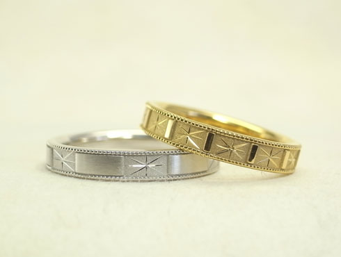 手彫り柄とミル打ちの個性的な結婚指輪