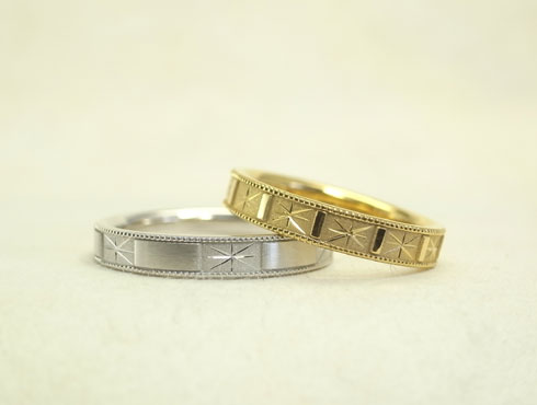 地金でミル打ちした結婚指輪