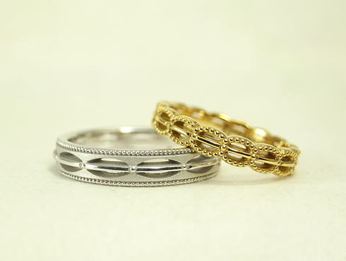 オリジナル　結婚指輪 ミル打ちと透かし柄の結婚指輪　／　アンティーク調