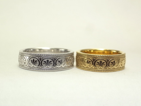 パルメット文様を彫刻したアンティーク風の結婚指輪 6mm幅