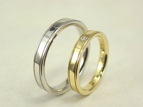 プリンセスダイヤを留めたシンプルな結婚指輪